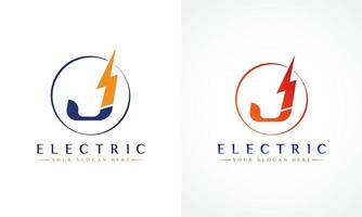 logotipo de letra j con diseño de vector de rayo trueno. Ilustración de vector de logotipo de letra j de perno eléctrico.