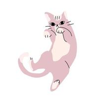 ilustración de un lindo gato rosa aislado, extraña pose divertida. vector