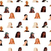 Seamless pattern with abstract female faces. Repeatable background with women of different skin colors and etnicities. Vector endless fashion print