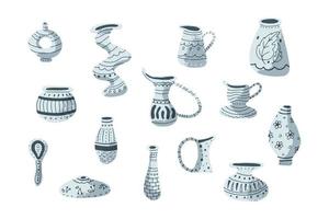 Ancient handmade ceramic vases, painted clay vessels, jugs. Hand drawn pottery set. Flat vector illustraton isolated on white background