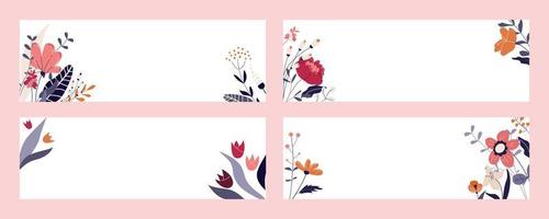 Set of floral banner or card with place for text. Spring cute backgrounds with blooming flowers, herbs and leaves. Colored flat isolated vector illustrations