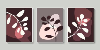 Modern abstract card set with tropical leaf and organic blob shapes. Minimalist style botanical wall art. Minimal foliage pattern in neutral colors. Isolated flat vector illustrations