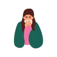 Young woman with cold and runny nose. Girl wrapped in plaid blowing her nose into a disposable paper napkin. Colored flat vector illustration isolated on white background