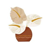 Bouquet of lily flowers in ceramic vase. Minimalist composition of abstract buds. Modern interior decor in boho style. Flat vector illustration isolated on white background