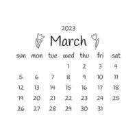 2023 march calendar with tulips. Vector doodle design