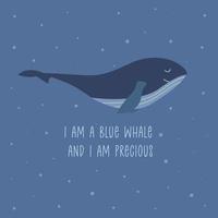 Cute smile blue whale. Hand drawn vector with inscription