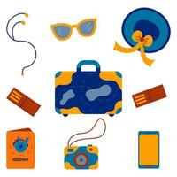 Blue suitcase for travel. Picking things up on the road vector