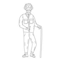 Elderly grandfather in wireless headphones. Vector contour