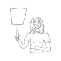 Protesting girl screams, holding banner. Vector black and white