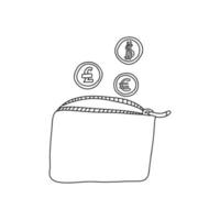 Small open wallet with coins. Black and white vector