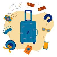Blue suitcase for travel. Picking things up on the road vector