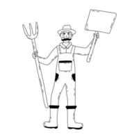 Farmer protests with poster and pitchfork. Vector contour