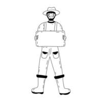 Male farmer protests with poster. Vector contour