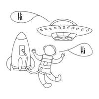Meeting of astronaut and UFO in space. Vector doodle