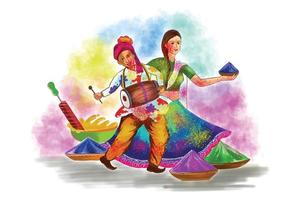 Beautiful couple playing festival of colors happy holi colorful background vector