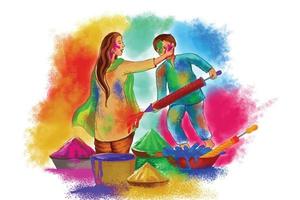 Beautiful couple playing festival of colors happy holi colorful background vector