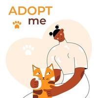 African-american young woman takes happy cat from the shelter. Flat design vector line illustration.