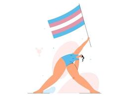 Transgender caucasian person with rainbow flag in his hand going in yoga pose. vector