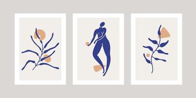 Set with abstract posters with one woman silhouettes and sea shapes. vector