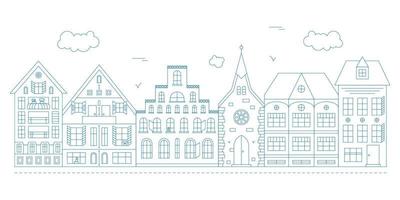 ilustración de arte lineal con paisaje urbano suburbano. cinco casas y una iglesia. vector