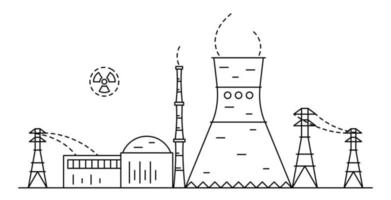 Dibujo de planta de energía nuclear o atómica en estilo de arte lineal. vector