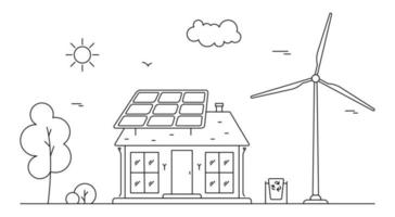 Concept of renewable solar and wind energy. Neighborhood Line art illustration with house, man and sun collector. vector