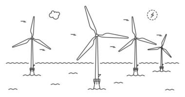 Wind turbine farm. Line art style. vector