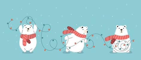 Polar bears in orange scarves carrying garland for Christmas. vector