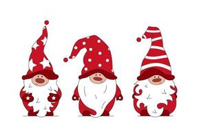 set of three red festive bearded gnomes. vector