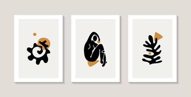 Matisse style. Set of three abstract posters with female silhouettes and abstract corals. vector