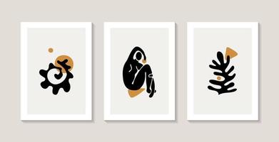 Matisse style. Set of three abstract posters with female silhouettes and abstract corals. vector