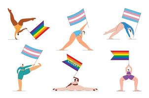 grupo lgbt de personas de pie en poses de yoga con banderas transgénero y arcoiris en sus manos. vector