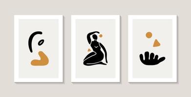 Matisse style. Set of three abstract posters with female silhouettes and abstract corals. vector