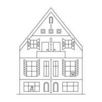 Line art illustration with suburban cityscape. Five houses and one church. vector