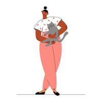 Cat owner. Woman holds her well chubby domestic cat in her arms. vector