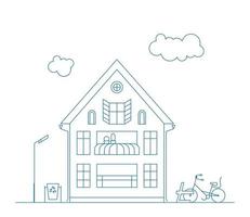 Line art vector neighborhood illustration with one house and a tree.