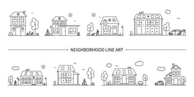 Neighborhood line art collection. A group of different linear compositions with houses, people and cars. vector