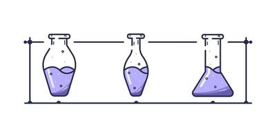 matraces de química de vidrio. conjunto de tres tubos de vidrio diferentes. vector