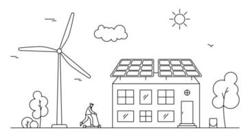 Concept of renewable solar and wind energy. Neighborhood Line art illustration with house, man and sun collector. vector