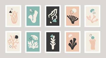 Henry Matisse style. Nature shapes, corals in drawing in pink, green, and gray colors. vector