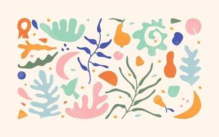 Hand-drawn organic shapes in Matisse style. Abstract objects with textures, bird, shell, pear, coral, moon. vector