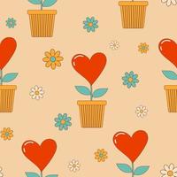 Cozy seamless patterns with vintage groovy flowers and hearts in a flower pot. Retro background. vector