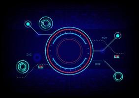 Hi-tech circle with a colorful line, and rectangular shapes on a blue and red abstract background.  Futuristic communication and connection concept. cyberspace, and digital innovation vector