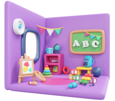 Representación 3d volver a la sala de juegos interior de la escuela para el estilo de dibujos animados lindo icono de niño pequeño. Ilustración de procesamiento 3d. png