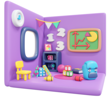 3d renderen terug naar school- interieur kamer wiskunde schattig icoon tekenfilm stijl. 3d geven illustratie. png