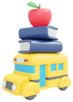 Renderização em 3D de volta à escola de maçã de ônibus bonito e estilo de desenho animado de ícone de livro. ilustração de renderização 3D. png