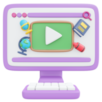 3D Rendering back to school study online on computer with player start button blackboard on browser cute icon cartoon style. 3D Render illustration. png
