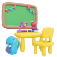 3d renderen terug naar school- tafel met onderwijs benodigdheden en schoolbord schattig icoon tekenfilm stijl. 3d geven illustratie. png