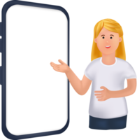 illustrazione ritratto sorridente giovane ragazza con un' grande Telefono. illustrazione di cartone animato in piedi giovane ragazza con dito a vuoto schermo png