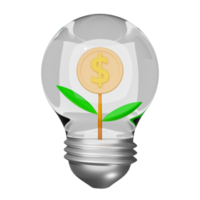 3D light bulb isolated. business idea tip, tree money icon for bank concept, minimal abstract, 3d render illustration png